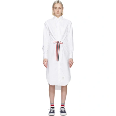 Thom Browne Grosgrain Belt Oxford Shirt Dress In White