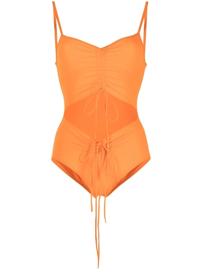 Christopher Esber Disconnect Ruched Swimsuit Tangerine In Orange