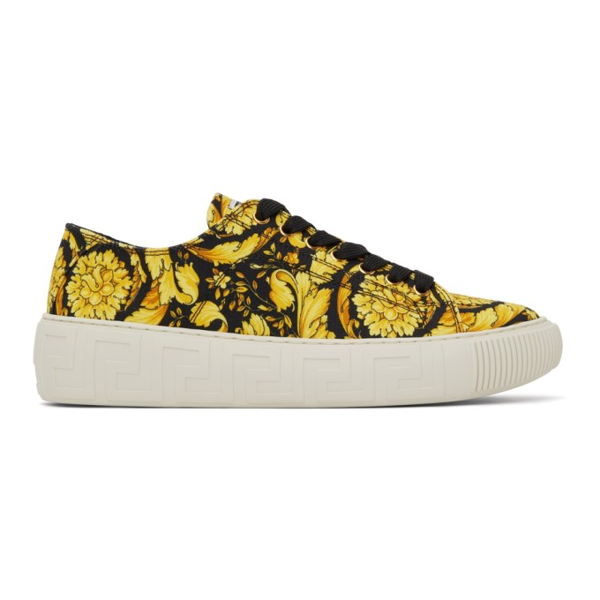 Versace Barocco Printed Canvas Low Top Sneakers In Black | ModeSens
