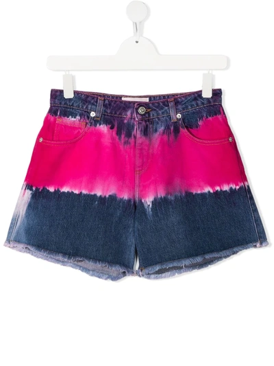 Alberta Ferretti Kids' Blue And Fuchsia Cotton-denim Shorts In Medium Wash