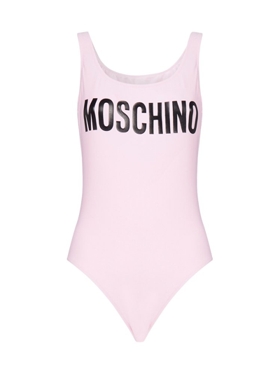 Moschino Logo印图莱卡连体泳衣 In Pink
