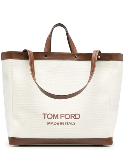 Tom Ford White Textured Canvas T Screw Oversize Shopping Bag In Neutrals