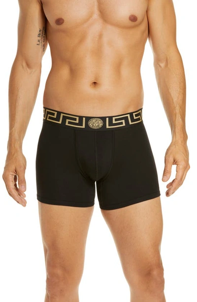 Versace First Line Long Stretch Cotton Trunks In Black/ Gold