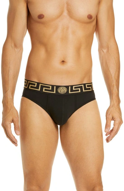 Versace First Line Versace Greca Border Briefs In Black/ Gold