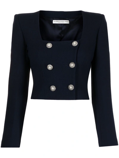 Alessandra Rich Crystal-embellished Double-breasted Wool-blend Crepe Jacket In Navy