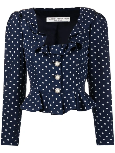 Alessandra Rich Button-embellished Ruffled Polka-dot Silk Jacket In Navy