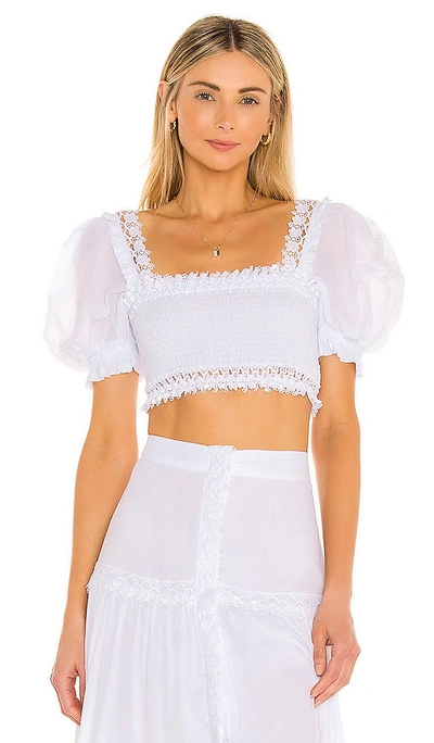 Charo Ruiz Judy Cropped Crochet-trimmed Shirred Cotton-blend Voile Top In White