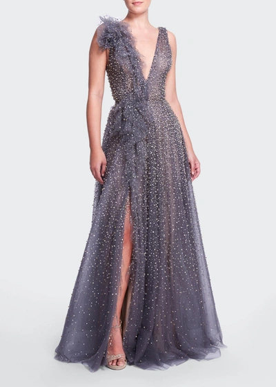 Marchesa Crystal-embellished Gown W/ Ruffle Draping In Charcoal