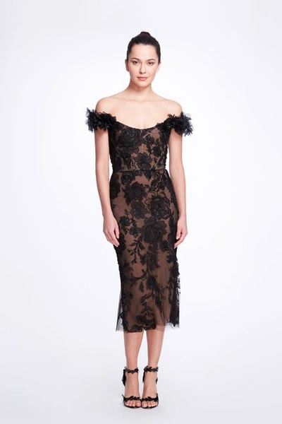 Marchesa Off The Shoulder Embroidered Tulle Cocktail Dress In Black