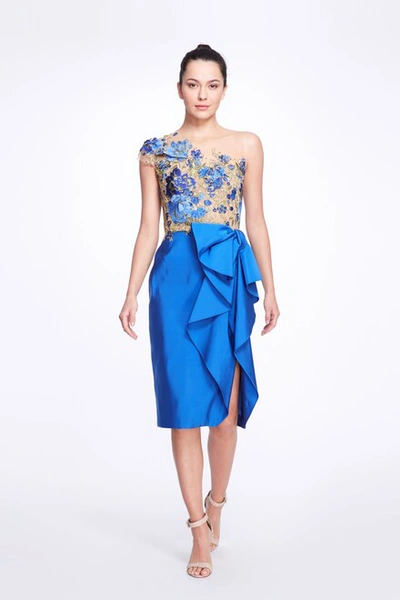 Marchesa Embroidered Illusion Tulle Cocktail Dress In Blue