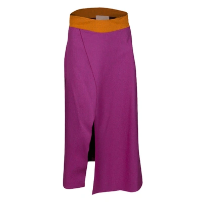 Pre-owned Roksanda Ilincic Roksanda Fuschia Wool Contrast Waist Slit Detail Edner Midi Skirt M In Pink
