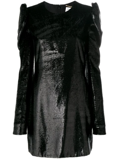 Saint Laurent Ruched Velvet Puff-sleeve Shift Dress In Black