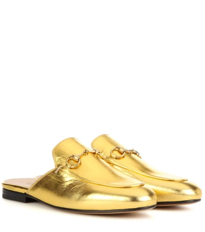 Gucci Princetown Metallic Leather Slipper Shoes In Gold