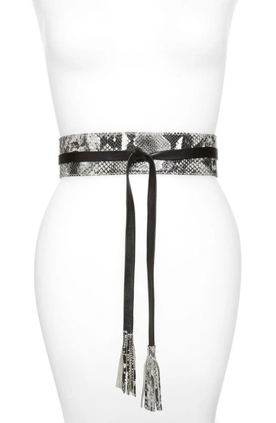 Raina Bronco Snake Embossed Leather Wrap Belt In Black And Gray