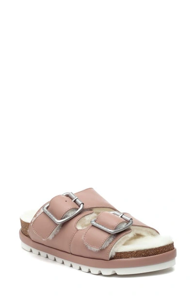 Jslides Lynx Genuine Shearling Double Buckle Sandal In Rose Leather