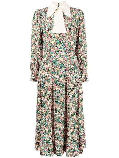 See By Chloé Pussy-bow Floral Print Silk Crepe De Chine Midi Dress In Multicolor 1