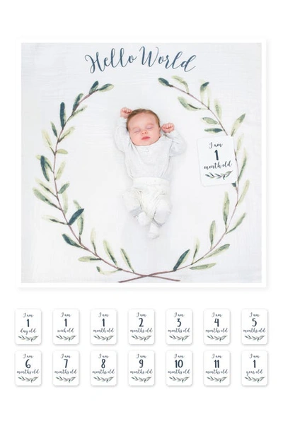Lulujo Baby's First Year Hello World Muslin Blanket & Milestone Card Set In White