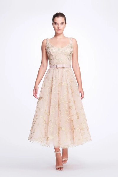 Marchesa Scoop Neck Embroidered Tulle Midi Dress