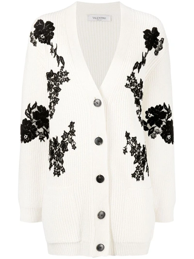 Valentino Lace-paneled Ribbed Wool And Cashmere-blend Cardigan In Ivory/black