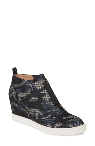 Linea Paolo Felicia Wedge Sneaker In Blue/ Black/ Grey Camo Fabric