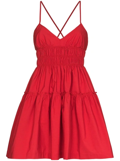 Three Graces Shirred Cotton Mini Dress In Red