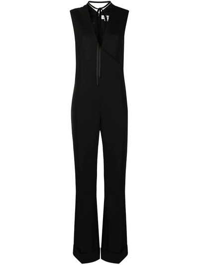 Victoria Beckham Tie-neck Grosgrain-trimmed Grain De Poudre Wool Jumpsuit In Black