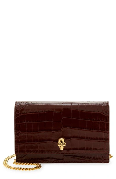 Alexander Mcqueen Mini Skull Croc Embossed Leather Bag In Madder