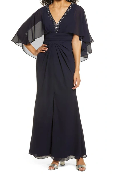 Vince Camuto Embellished-neck Capelet Gown In Navy