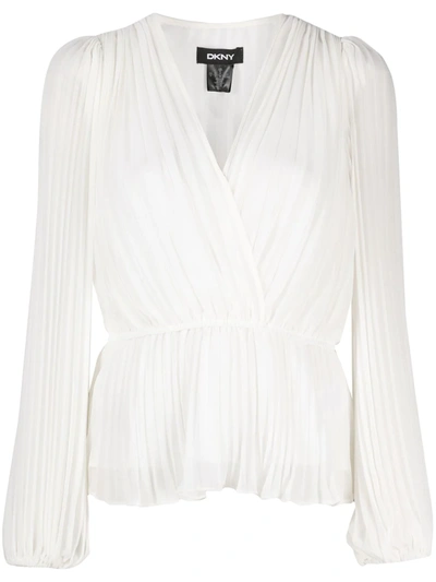 Dkny Pleated V-neck Wrap Blouse In White