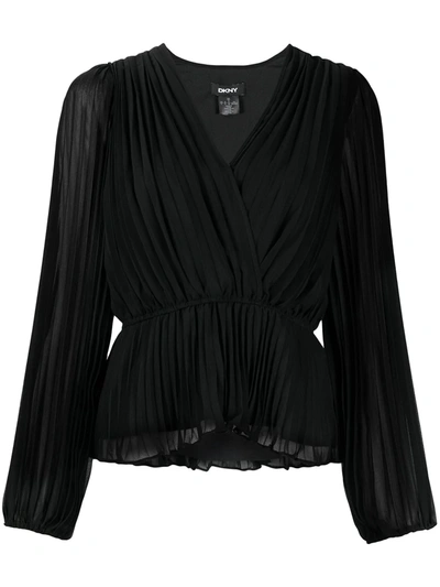 Dkny Crossover-neck Pleated Blouse In Black
