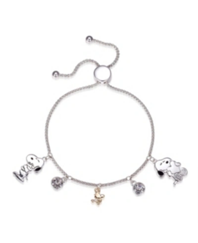 Peanuts "snoopy" And "woodstock" Crystal Adjustable Bolo Silver Plated Bracelet, Created For Macy's