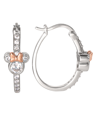 Disney Minnie Mouse Cz Hoop Earrings In Sterling Silver And 18k Rose Gold Over Silver