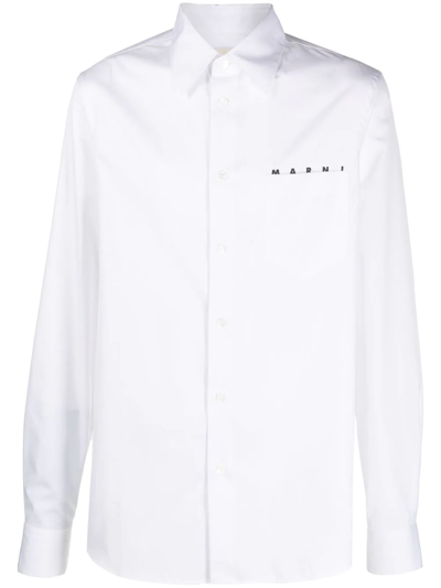 Marni Logo Print Cotton Poplin Shirt In Lily White