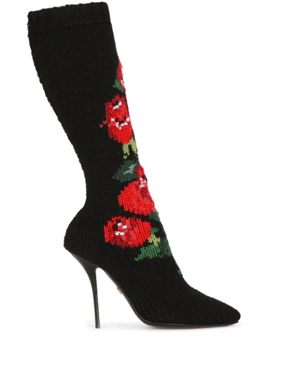 Dolce & Gabbana Floral-knit Stiletto Boots In Black