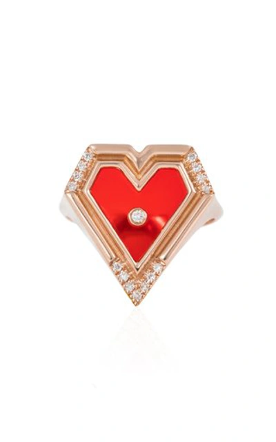 L'atelier Nawbar Super Heart 18k Rose Gold Agate Diamond Ring In Red