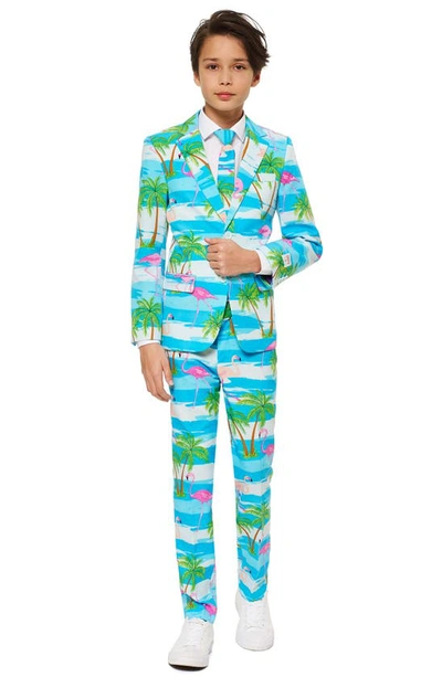 Opposuits Kids' Flaminguy Two-piece Suit With Tie In Blue/ Green