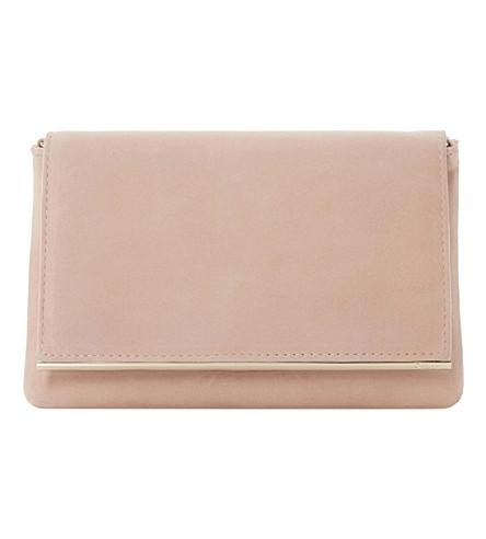 blush suede clutch bag