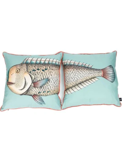 Fornasetti Set Of Two Grande Pesce Silk Cushions In Multicolour
