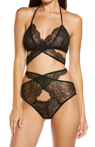 Oh La La Cheri Charlena Crossover Halter Bralette & High Waist Panties Set In Black