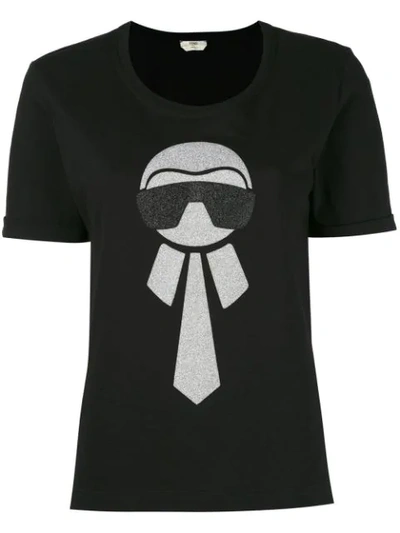 Fendi Glitter Karlito Cotton Jersey T-shirt In Black