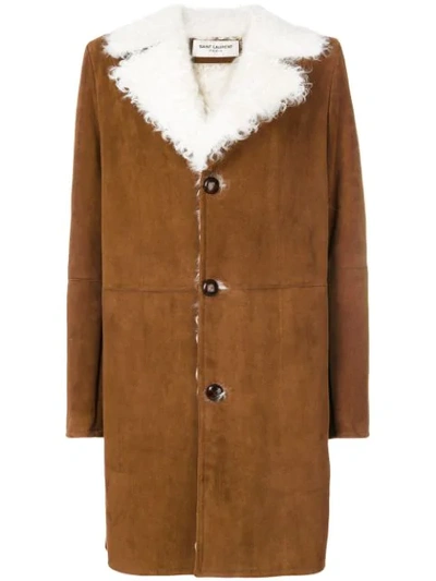 Saint Laurent Oversized Notch-lapel Shearling Coat In Brown