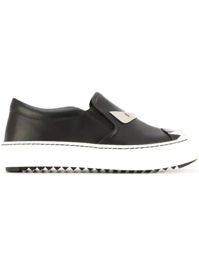 Fendi Bag Bugs Leather Slip-on Sneakers In Nero+bianco Nero