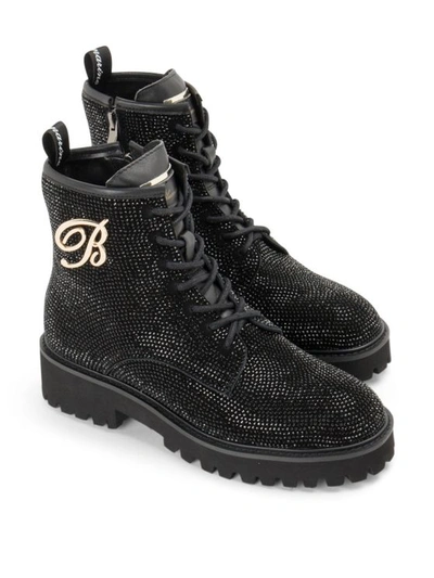 Blumarine Rhinestone Black Leather Ankle Boots