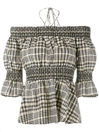 Ganni Charron Off-the-shoulder Checked Cotton-blend Seersucker Top In White