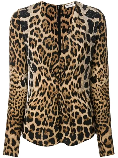 Saint Laurent V-neck Leopard-print Silk Blouse