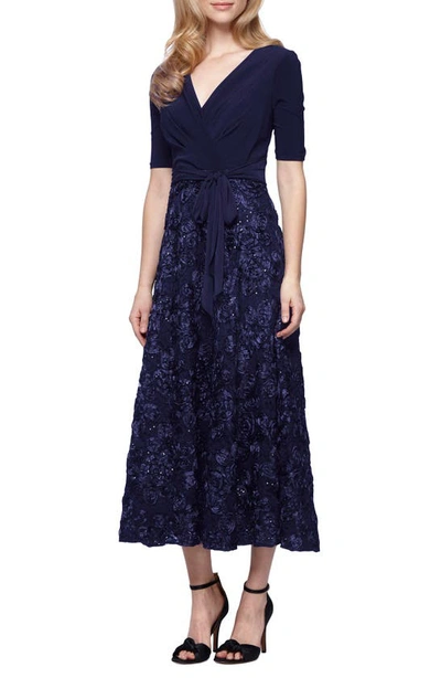 Alex Evenings Mixed Media Midi Dress In Navy
