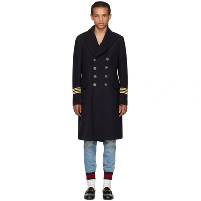 Gucci Embroidered Double-breasted Coat In Blue