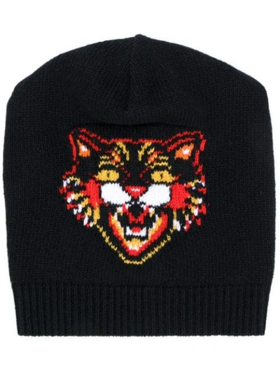 Gucci Wool Hat With Angry Cat In Black