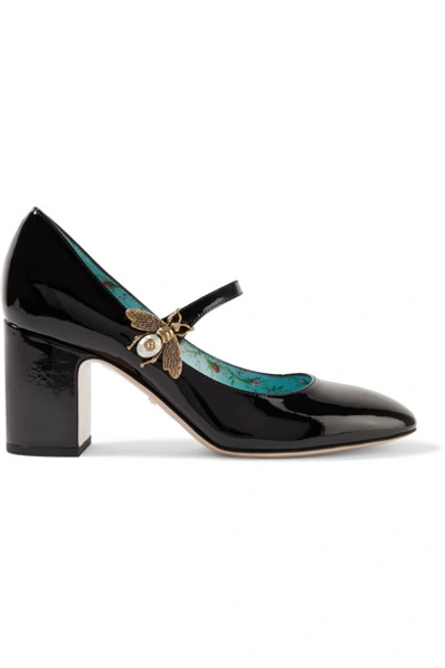 Gucci Embellished Patent-leather Mary Jane Pumps In Black Leather