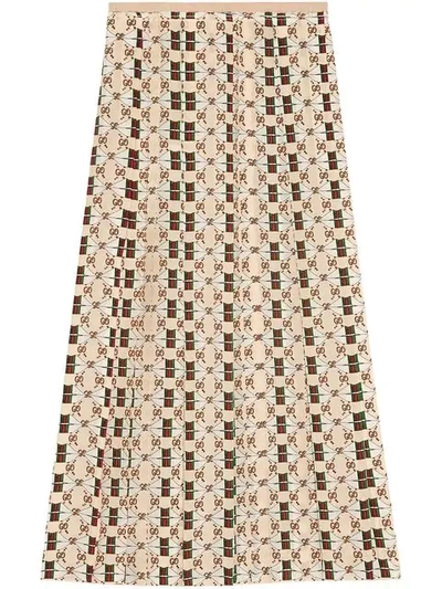 Gucci Pleated Silk Skirt With Web Kisses Print, White In White Magnolia Prtd